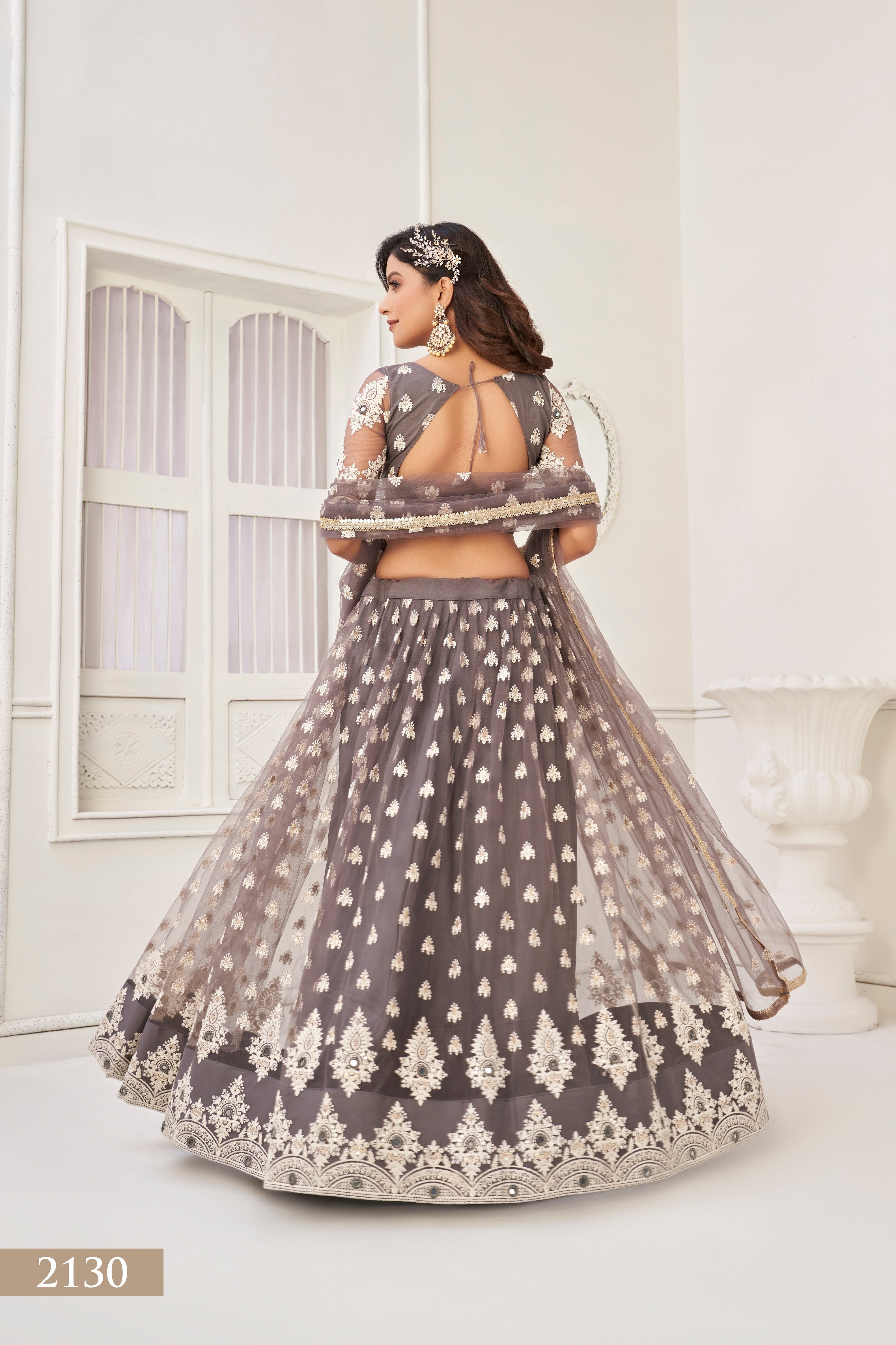 WOMEN'S GREY BUTTERFLY NET WITH SEQUINS AND EMBROIDERY WORK LEHENGA CHOLI FOR PARTY WEAR