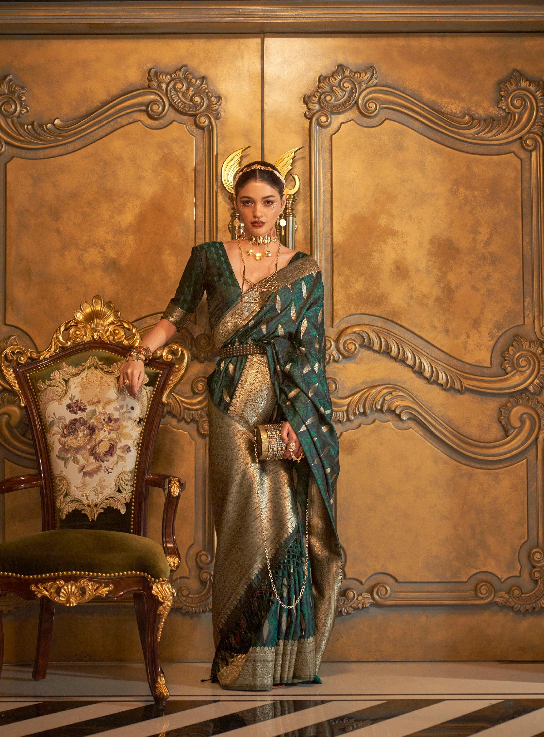 Designer Party Wear  Golden Zari Weaving Overall Butti Design Satin Silk Saree With Heavy Blouse