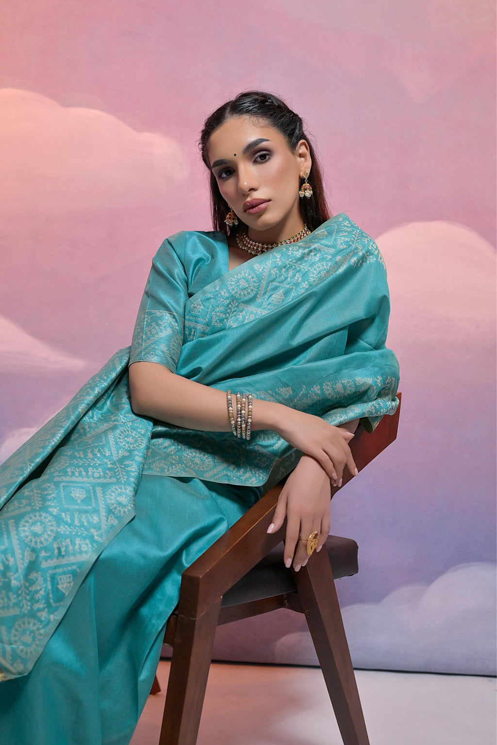 Vsaree Firozi Soft Raw Silk  Saree With Antique Design with Contrast Woven Pallu And Contrast Blouse