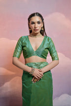 Vsaree Pista Soft Raw Silk  Saree With Antique Design with Contrast Woven Pallu And Contrast Blouse