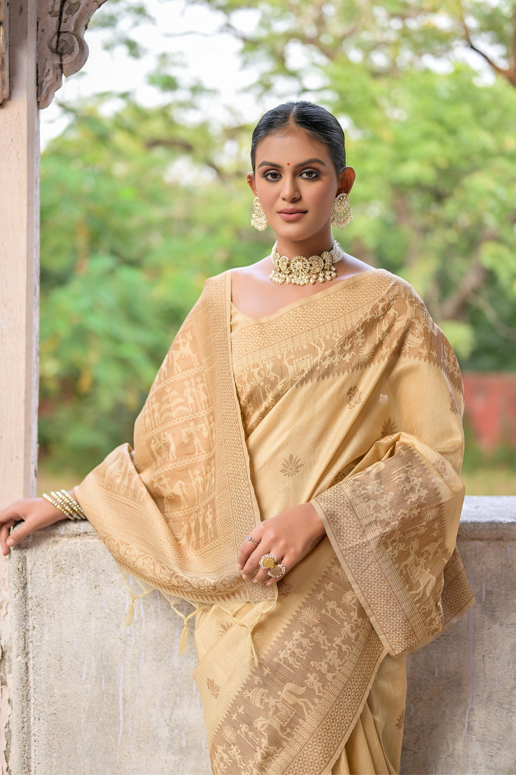 Vsaree Cream Raw Silk Saree With All over weaving Butties And weving pallu and Blouse