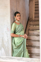 Vsaree Pista Raw Silk Saree With All over weaving Butties And weving pallu and Blouse