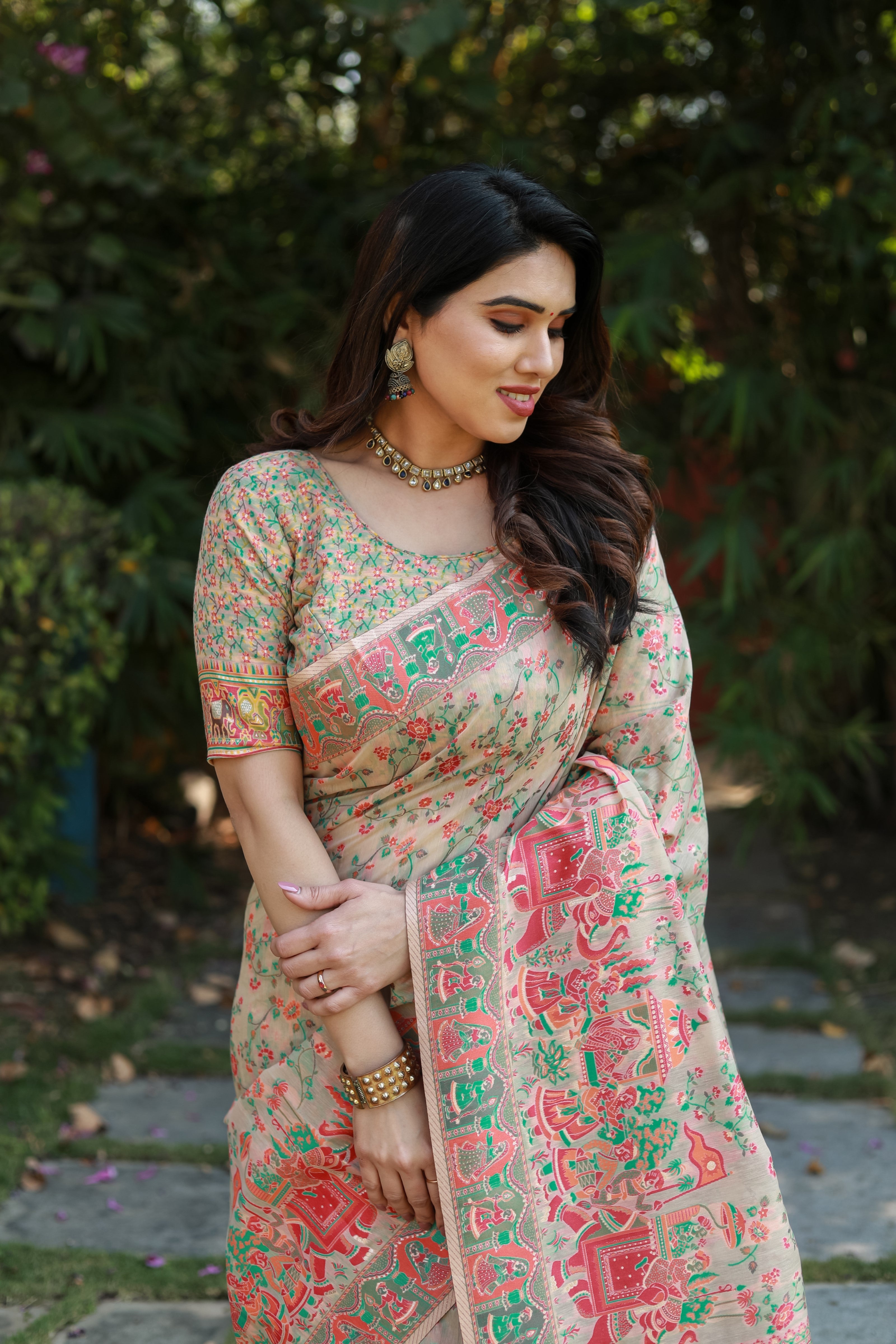 Pashmina Weaving Soft Cotton Silk With Heavy Border And Designer Saree And Blouse