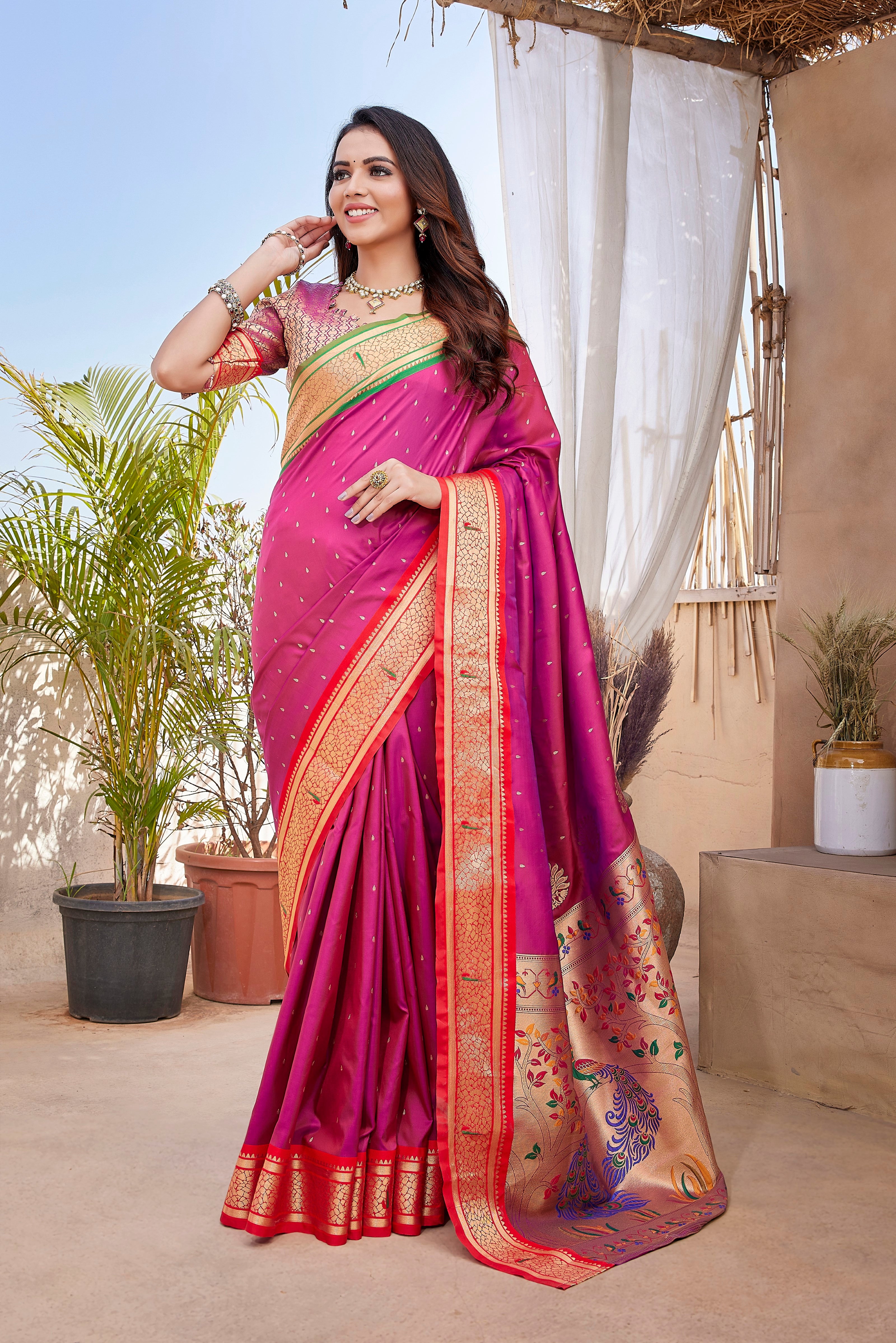 Vsaree Bandhej Paithani Silk Golden Border And Zari Weaving Rich Pallu With Blouse