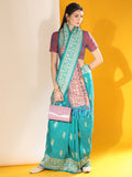 Vsaree Firozi Soft Raw Silk  saree With Antique Design with Contrast Woven Pallu And Contrast Blouse