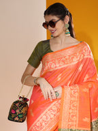 Vsaree Orange Soft Raw Silk  Saree With Antique Design with Contrast Woven Pallu And Contrast Blouse