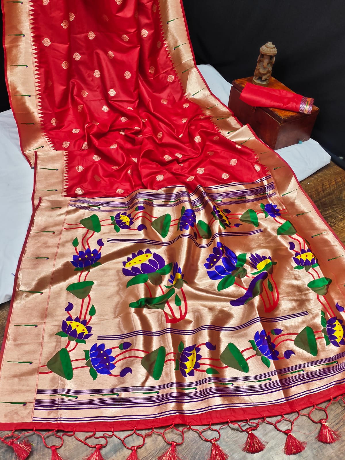 Vsaree Red Soft Banarasi Silk Paithani Saree with Zari Weaving Pattern With Contrast Border And Rich Pallu With Contrast Blouse