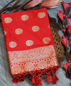 Vsaree Red Katan Silk Saree With zari weaving pallu Or Border And Blouse