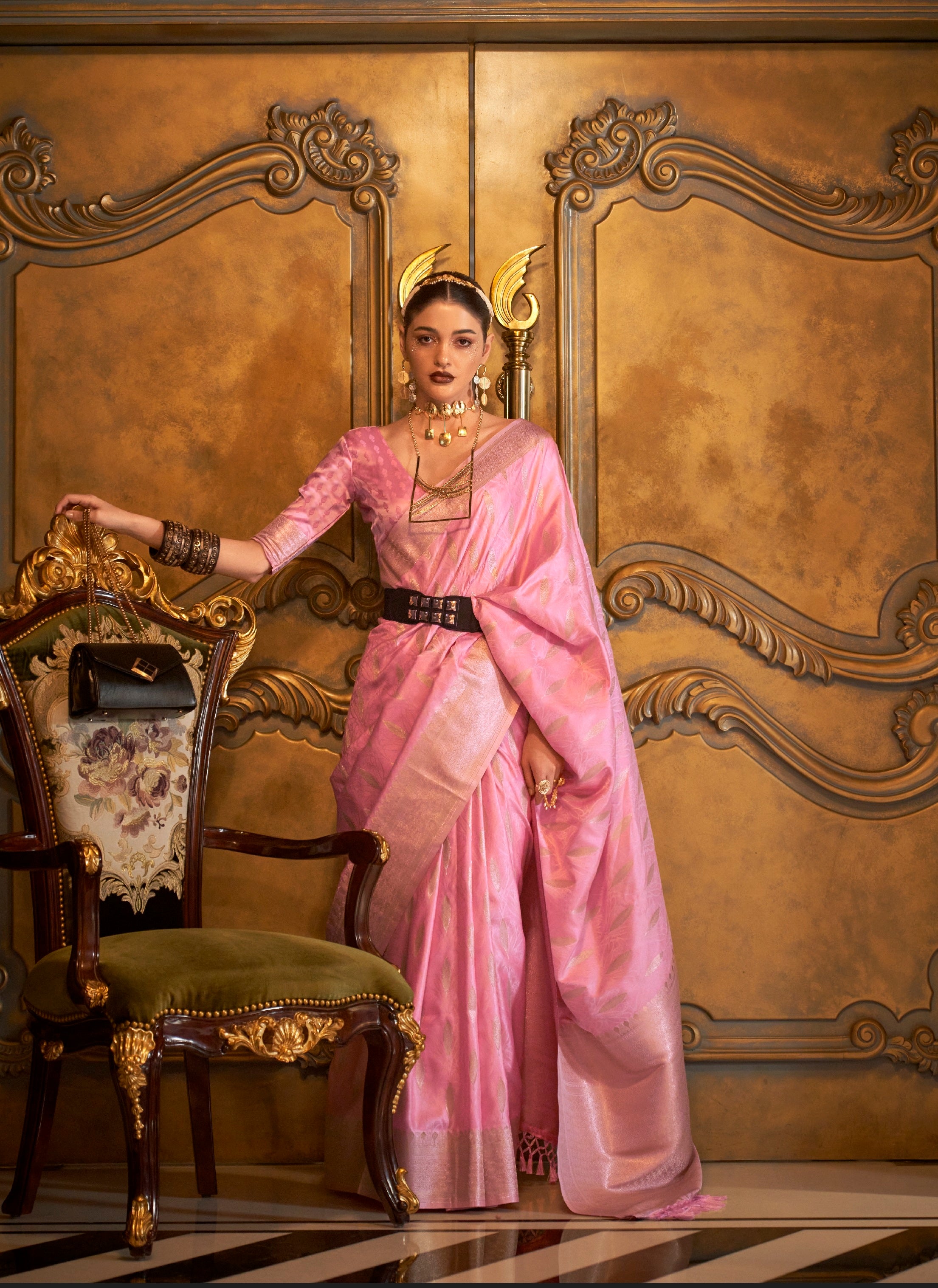 Designer Party Wear  Golden Zari Weaving Overall Butti Design Satin Silk Saree With Heavy Blouse