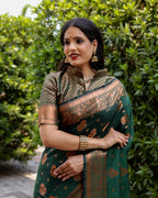Green Soft Silk Contrast Coper Weaving Border And Rich Pallu Saree With Blouse