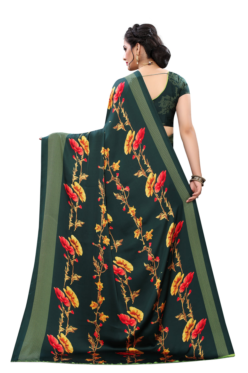 Vsaree Green Printed Japan Crape Saree With Designer Pallu And Blouse