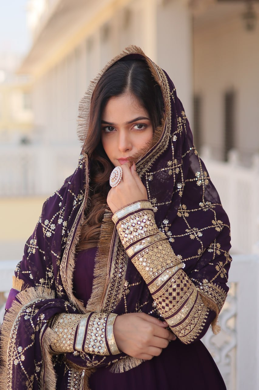 WOMEN'S WINE FAUX BLOOMING WITH RICH MULTI SEQUINS EMBROIDERED WORK PARTY WEAR GOWN & DUPATTA SET STITCHED