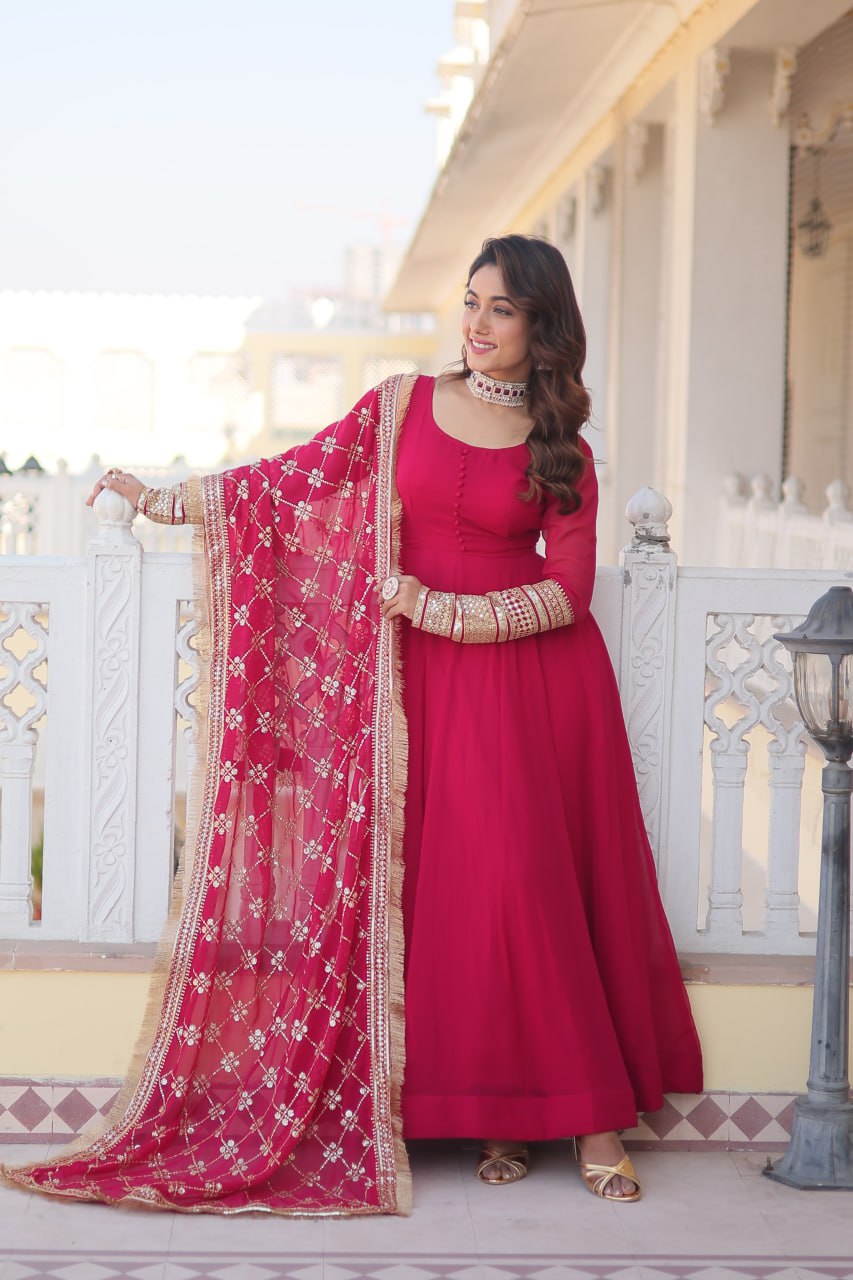 WOMEN'S PINK FAUX BLOOMING WITH RICH MULTI SEQUINS EMBROIDERED WORK PARTY WEAR GOWN & DUPATTA SET STITCHED