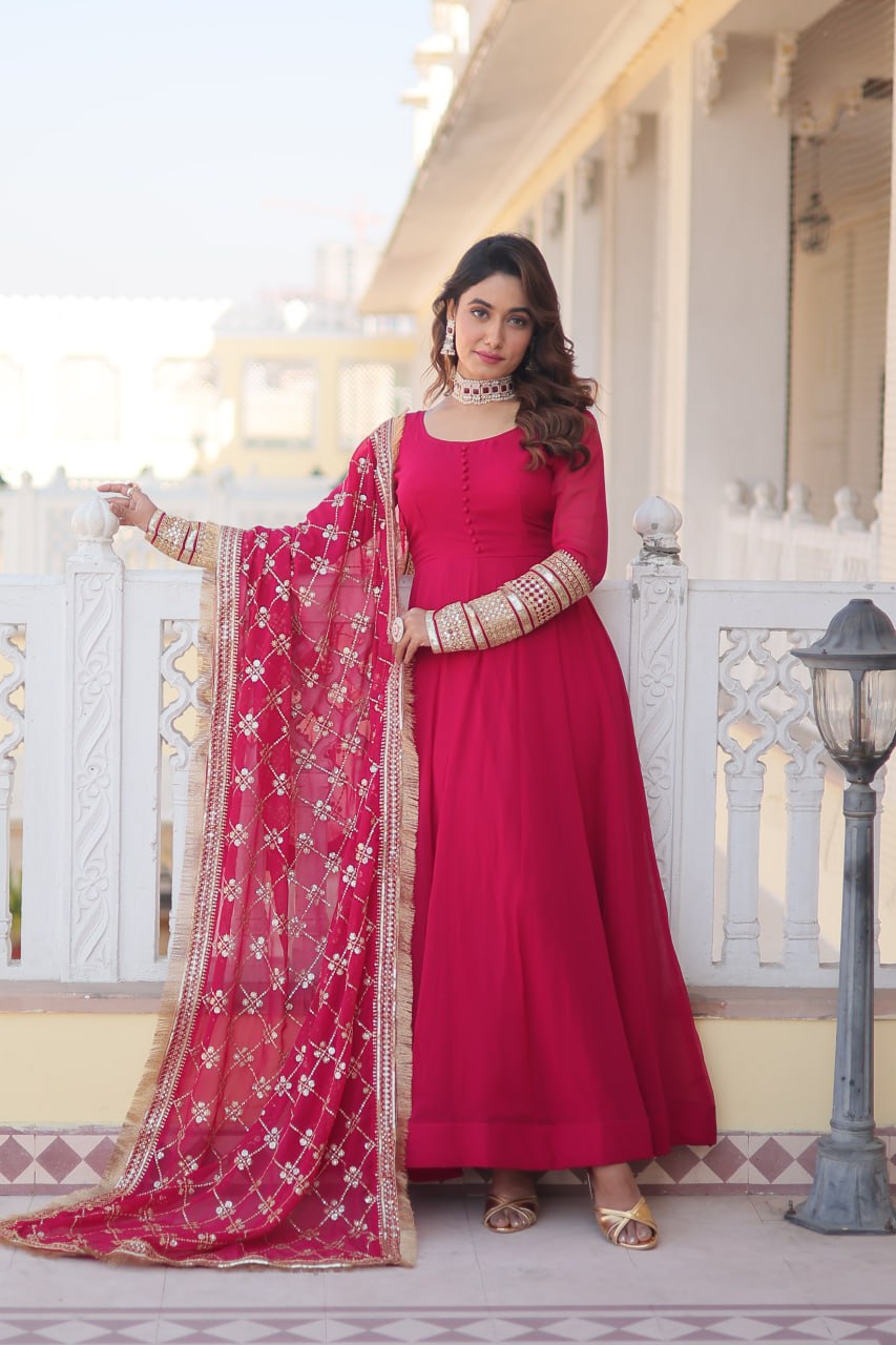 WOMEN'S PINK FAUX BLOOMING WITH RICH MULTI SEQUINS EMBROIDERED WORK PARTY WEAR GOWN & DUPATTA SET STITCHED