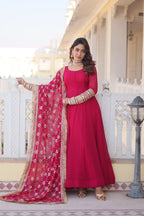 WOMEN'S PINK FAUX BLOOMING WITH RICH MULTI SEQUINS EMBROIDERED WORK PARTY WEAR GOWN & DUPATTA SET STITCHED
