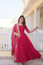 WOMEN'S PINK FAUX BLOOMING WITH RICH MULTI SEQUINS EMBROIDERED WORK PARTY WEAR GOWN & DUPATTA SET STITCHED
