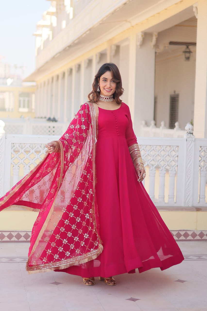 WOMEN'S PINK FAUX BLOOMING WITH RICH MULTI SEQUINS EMBROIDERED WORK PARTY WEAR GOWN & DUPATTA SET STITCHED