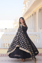 WOMEN'S BLACK FAUX BLOOMING WITH RICH MULTI SEQUINS EMBROIDERED WORK PARTY WEAR GOWN & DUPATTA SET STITCHED