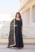 WOMEN'S BLACK FAUX BLOOMING WITH RICH MULTI SEQUINS EMBROIDERED WORK PARTY WEAR GOWN & DUPATTA SET STITCHED