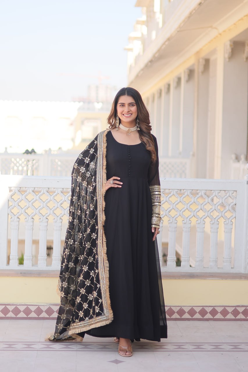 WOMEN'S BLACK FAUX BLOOMING WITH RICH MULTI SEQUINS EMBROIDERED WORK PARTY WEAR GOWN & DUPATTA SET STITCHED