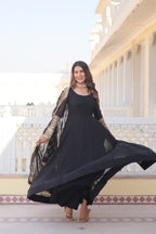 WOMEN'S BLACK FAUX BLOOMING WITH RICH MULTI SEQUINS EMBROIDERED WORK PARTY WEAR GOWN & DUPATTA SET STITCHED
