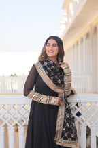 WOMEN'S BLACK FAUX BLOOMING WITH RICH MULTI SEQUINS EMBROIDERED WORK PARTY WEAR GOWN & DUPATTA SET STITCHED