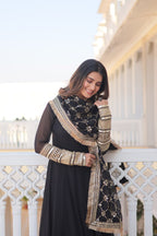 WOMEN'S BLACK FAUX BLOOMING WITH RICH MULTI SEQUINS EMBROIDERED WORK PARTY WEAR GOWN & DUPATTA SET STITCHED