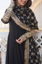 WOMEN'S BLACK FAUX BLOOMING WITH RICH MULTI SEQUINS EMBROIDERED WORK PARTY WEAR GOWN & DUPATTA SET STITCHED