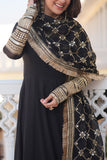 WOMEN'S BLACK FAUX BLOOMING WITH RICH MULTI SEQUINS EMBROIDERED WORK PARTY WEAR GOWN & DUPATTA SET STITCHED