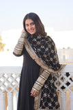 WOMEN'S BLACK FAUX BLOOMING WITH RICH MULTI SEQUINS EMBROIDERED WORK PARTY WEAR GOWN & DUPATTA SET STITCHED