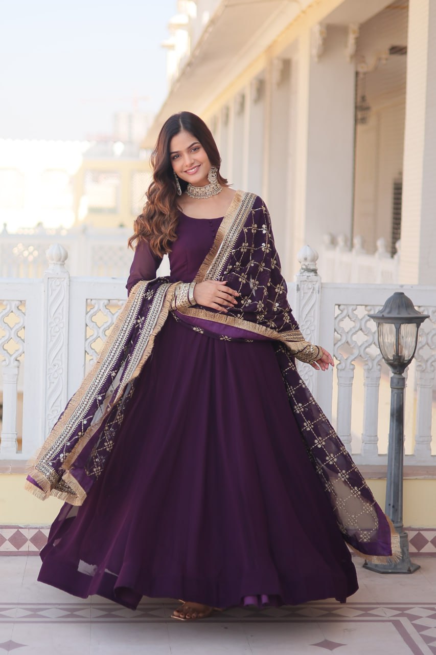 WOMEN'S WINE FAUX BLOOMING WITH RICH MULTI SEQUINS EMBROIDERED WORK PARTY WEAR GOWN & DUPATTA SET STITCHED
