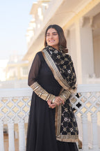 WOMEN'S BLACK FAUX BLOOMING WITH RICH MULTI SEQUINS EMBROIDERED WORK PARTY WEAR GOWN & DUPATTA SET STITCHED