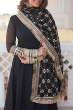 WOMEN'S BLACK FAUX BLOOMING WITH RICH MULTI SEQUINS EMBROIDERED WORK PARTY WEAR GOWN & DUPATTA SET STITCHED