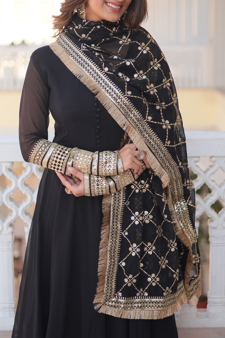 WOMEN'S BLACK FAUX BLOOMING WITH RICH MULTI SEQUINS EMBROIDERED WORK PARTY WEAR GOWN & DUPATTA SET STITCHED