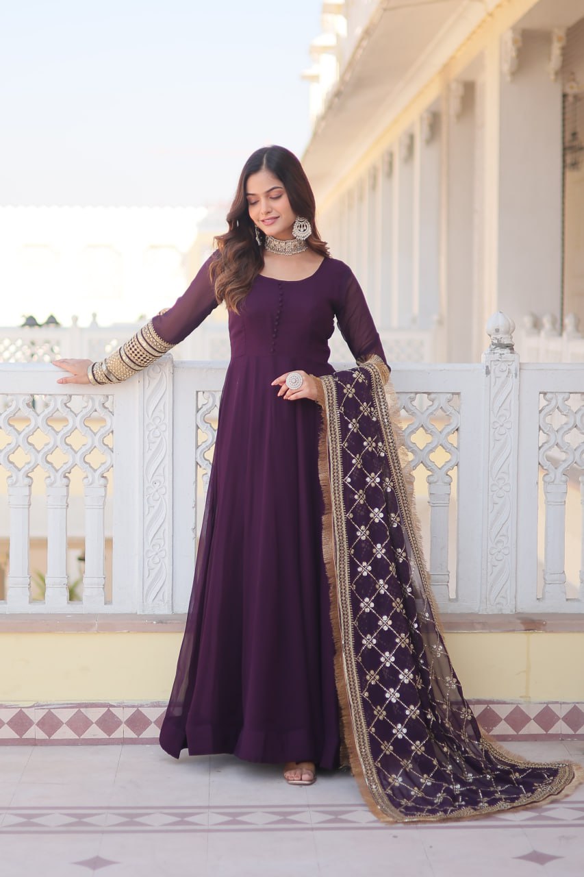 WOMEN'S WINE FAUX BLOOMING WITH RICH MULTI SEQUINS EMBROIDERED WORK PARTY WEAR GOWN & DUPATTA SET STITCHED