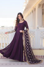 WOMEN'S WINE FAUX BLOOMING WITH RICH MULTI SEQUINS EMBROIDERED WORK PARTY WEAR GOWN & DUPATTA SET STITCHED