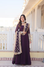 WOMEN'S WINE FAUX BLOOMING WITH RICH MULTI SEQUINS EMBROIDERED WORK PARTY WEAR GOWN & DUPATTA SET STITCHED