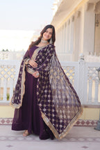 WOMEN'S WINE FAUX BLOOMING WITH RICH MULTI SEQUINS EMBROIDERED WORK PARTY WEAR GOWN & DUPATTA SET STITCHED