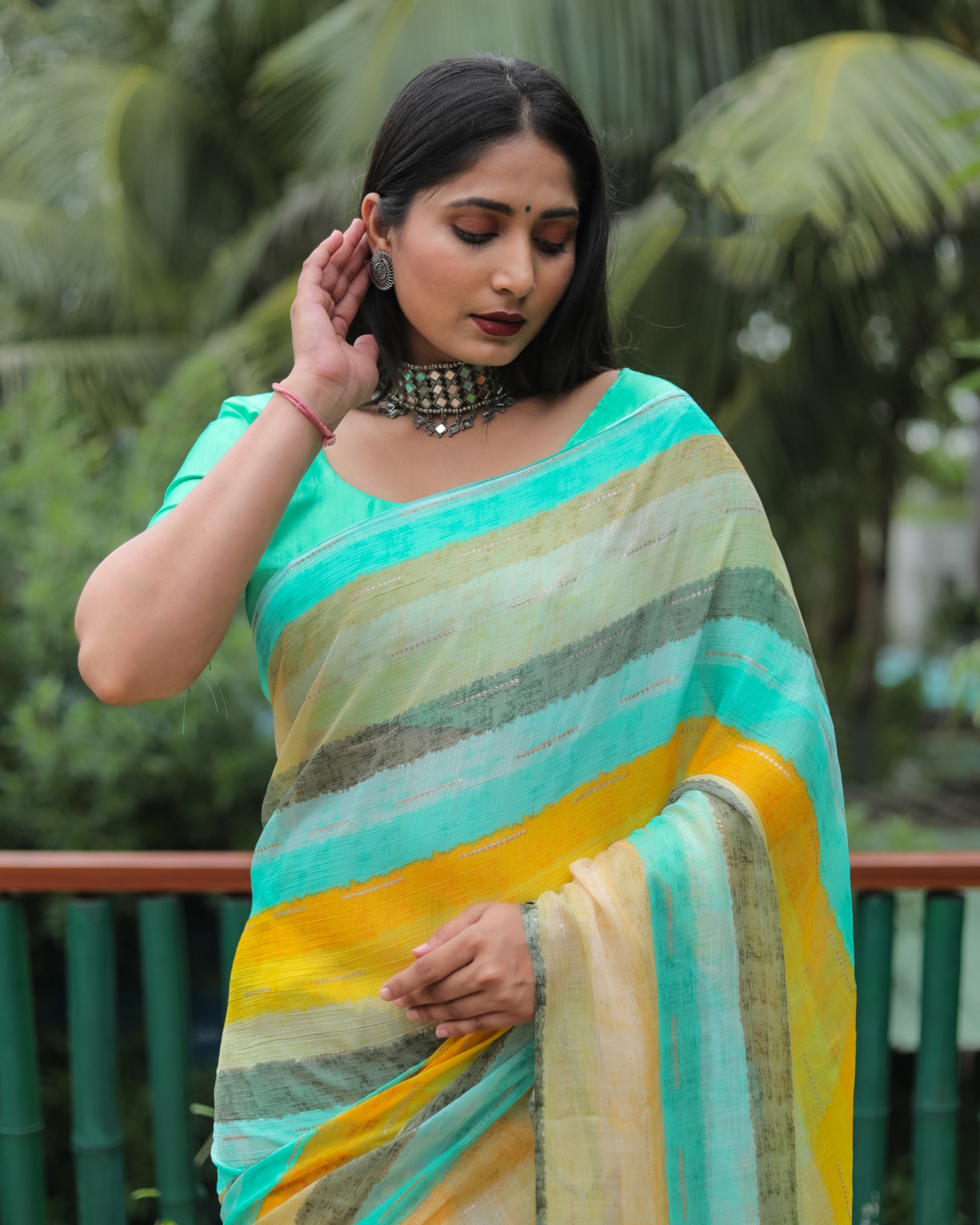 Vsaree Moss Chiffon Silk Print With Gold Foil Touch Up Saree With Blouse For Women