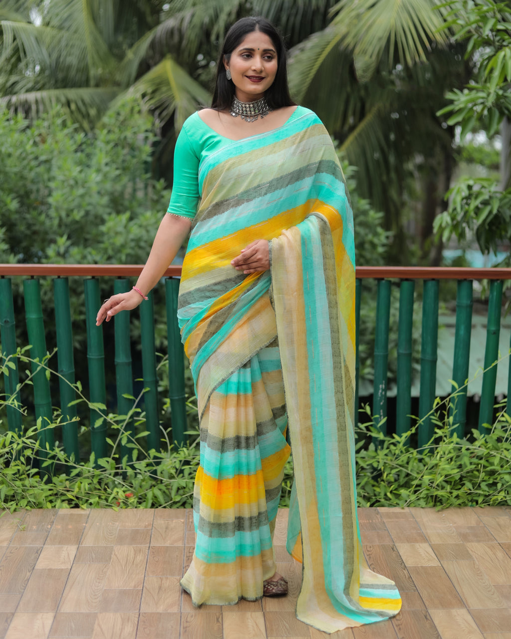 Vsaree Moss Chiffon Silk Print With Gold Foil Touch Up Saree With Blouse For Women