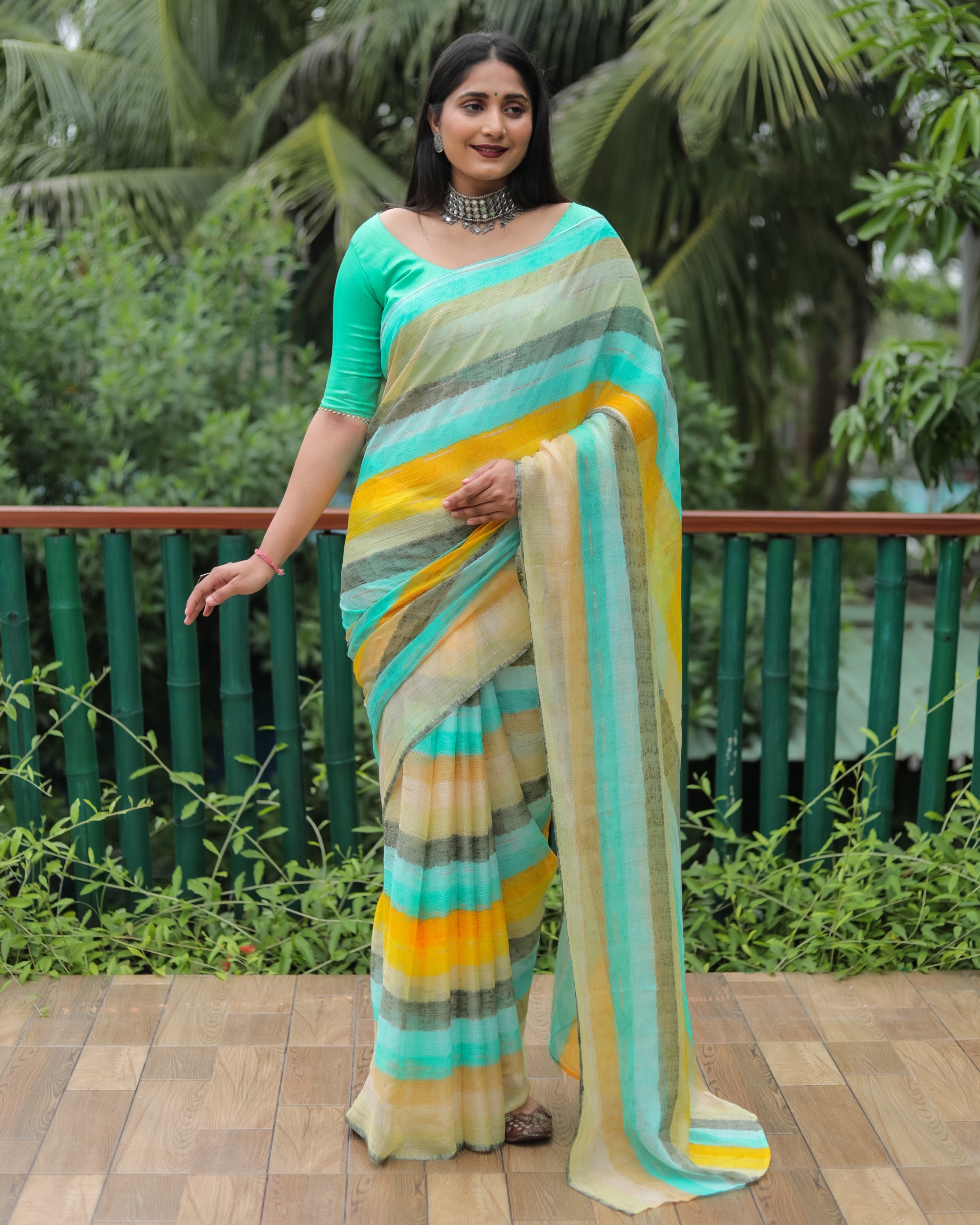 Vsaree Moss Chiffon Silk Print With Gold Foil Touch Up Saree With Blouse For Women