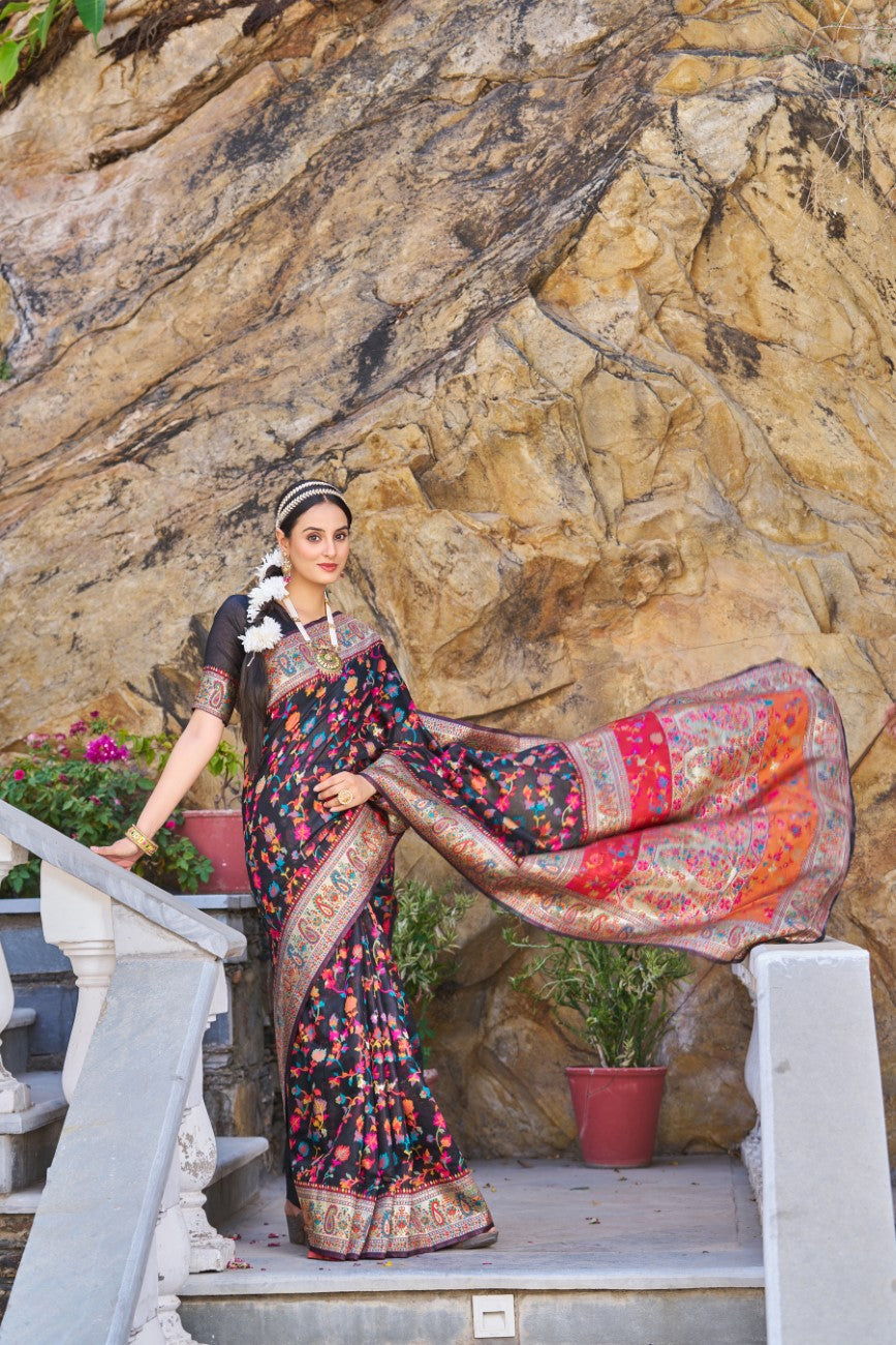 Vsaree Black Cotton Blend Saree And Zari Weaving Designer Border And Pallu With Blouse
