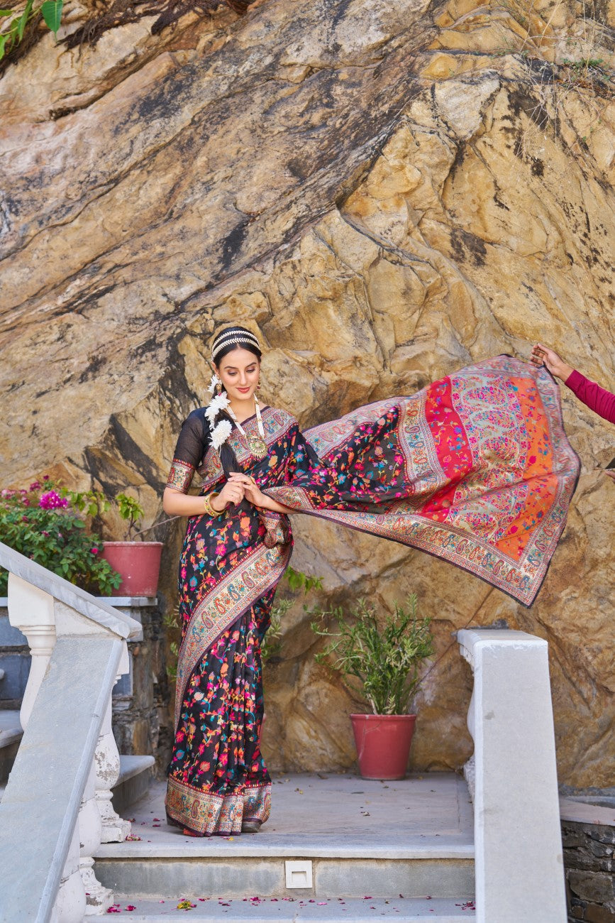 Vsaree Black Cotton Blend Saree And Zari Weaving Designer Border And Pallu With Blouse