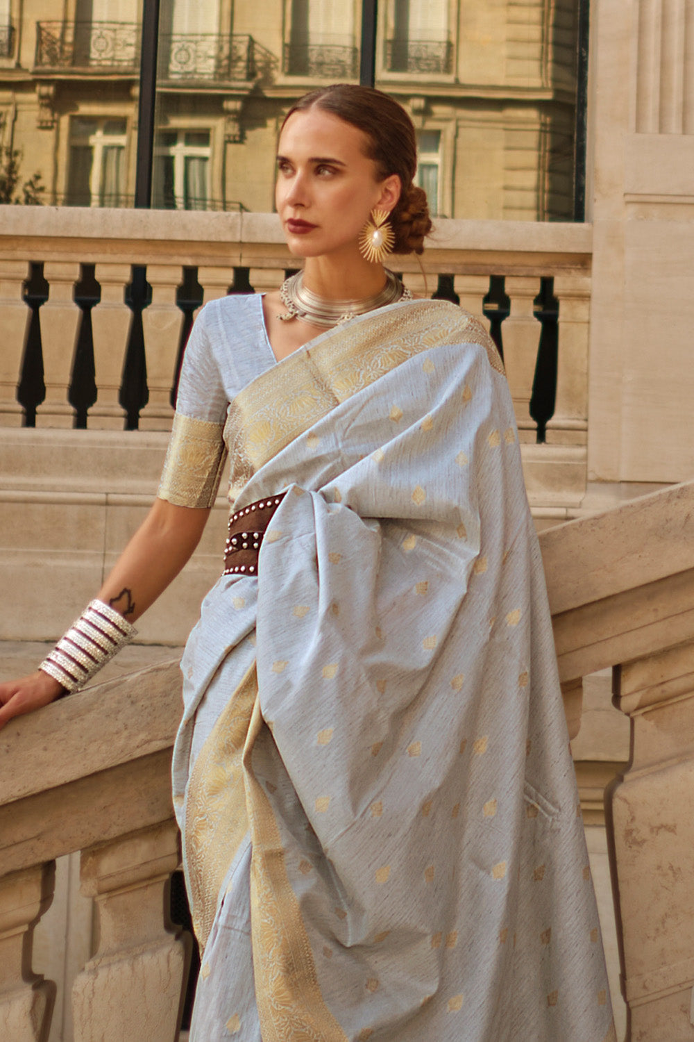 Vsaree Grey Banarasi Silk Designer Saree With Banarasi Border And Blouse
