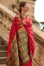 Vsaree Red Banarasi Silk Designer Saree With Banarasi Border And Blouse