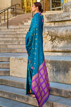 Vsaree Teal Banarasi Silk Designer Saree With Banarasi Border And Blouse