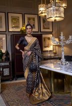 Vsaree Black Banarasi Khadi Silk Saree For Contrast Zari Weaving Borders And Blouse