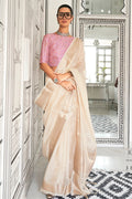 Vsaree Cream Chiffon Silk  Saree  And Zari Waving Border With Blouse For Women