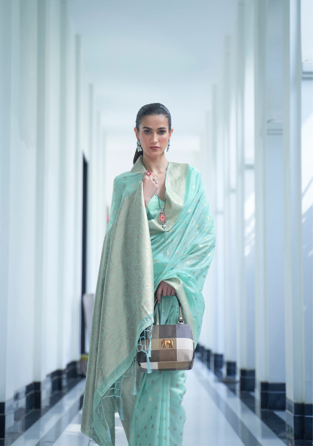 Vsaree Sky Blue Banarasi Kora Silk Designer Saree With Banarasi Border And Blouse