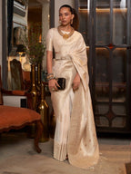 Vsaree Cream Banarasi Khadi Silk Saree For Contrast Zari Weaving Borders And Blouse